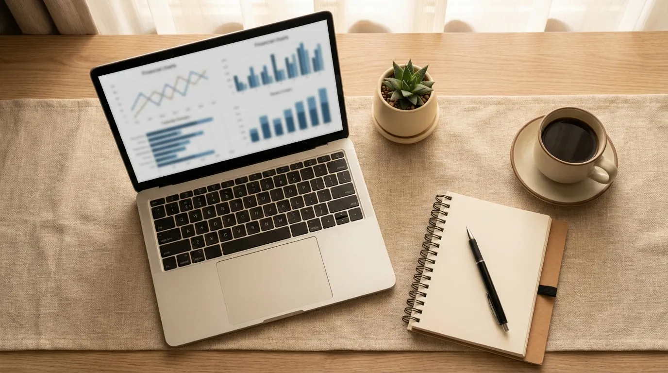 Laptop displaying financial charts alongside a notebook and pen