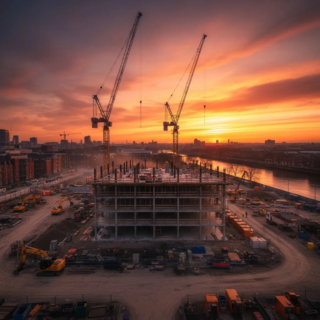 Construction site at sunset