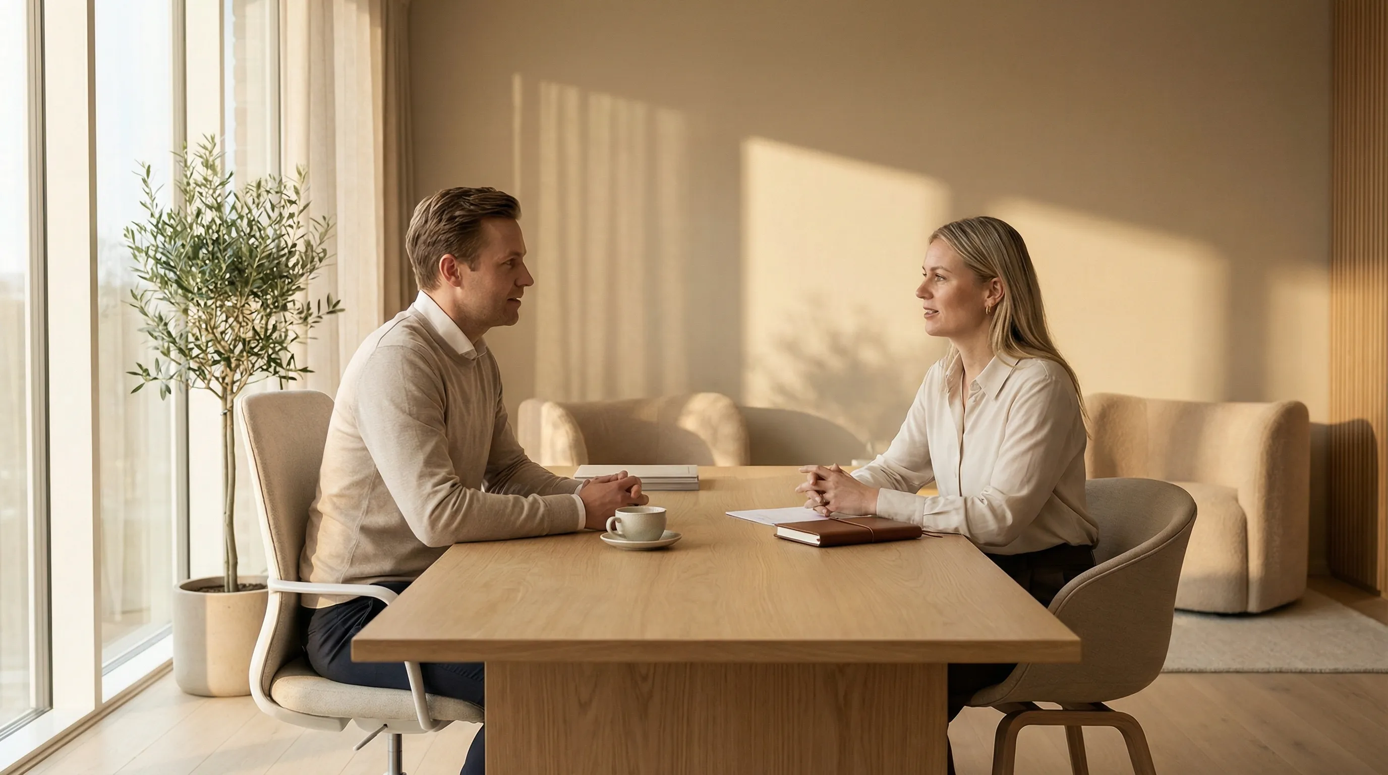 Business consultation in a warm, modern office setting