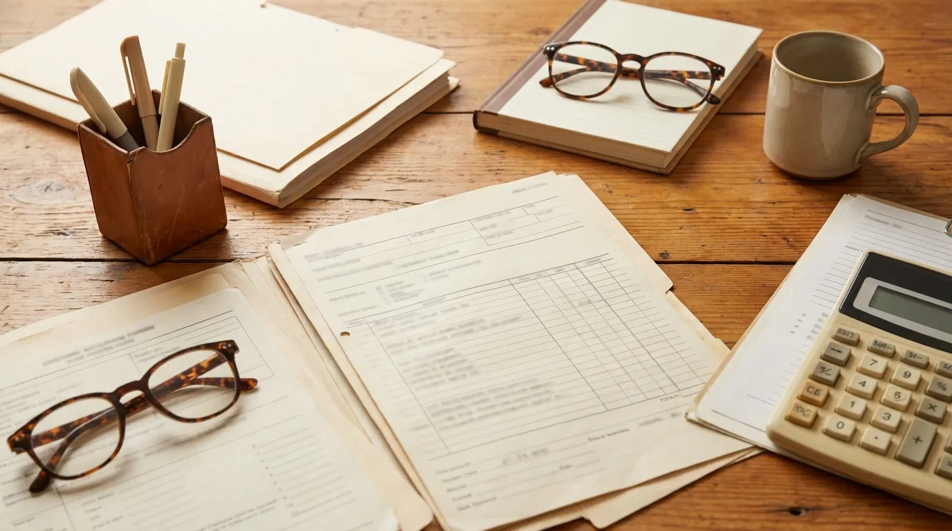Tax documents and forms laid out on a warm-toned desk
