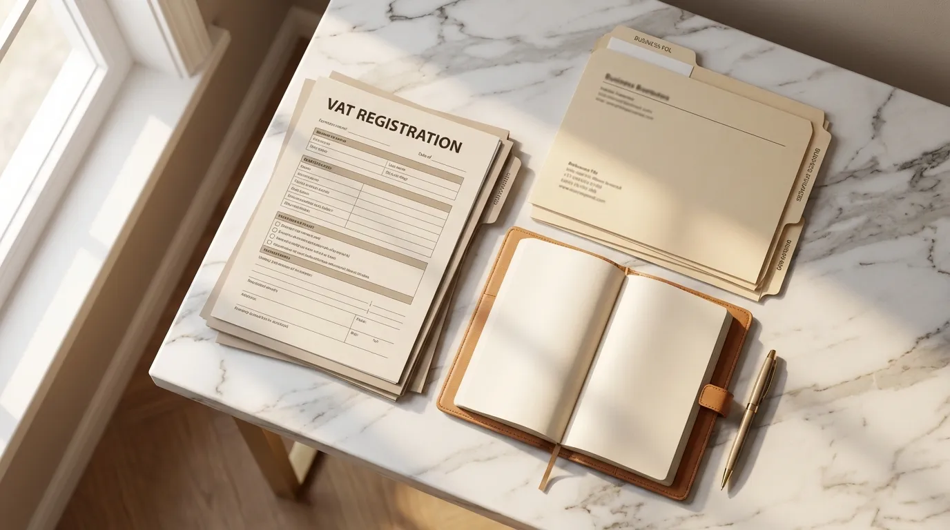 VAT registration forms and financial documents on a marble surface
