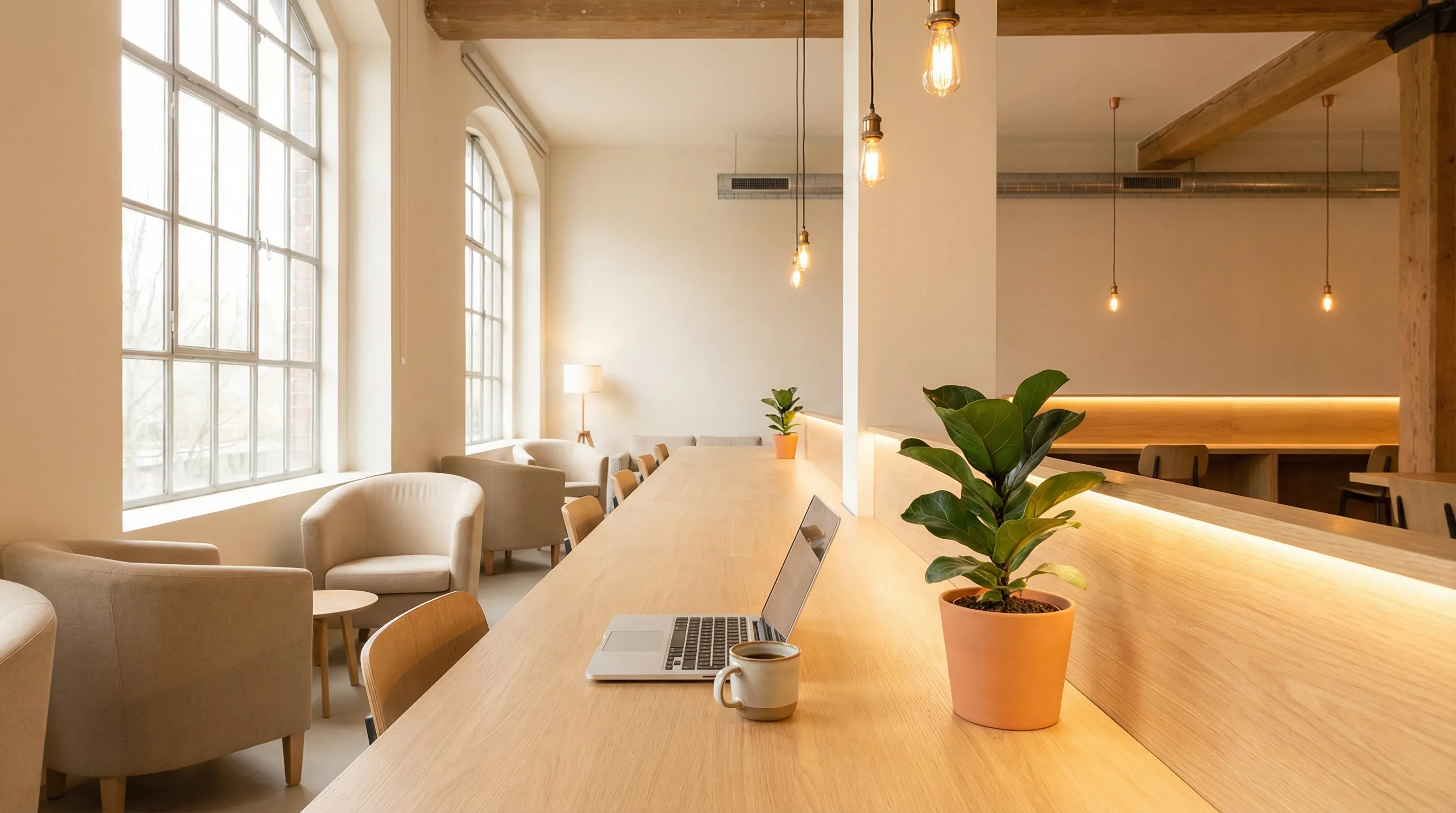 Modern collaborative workspace with warm natural lighting